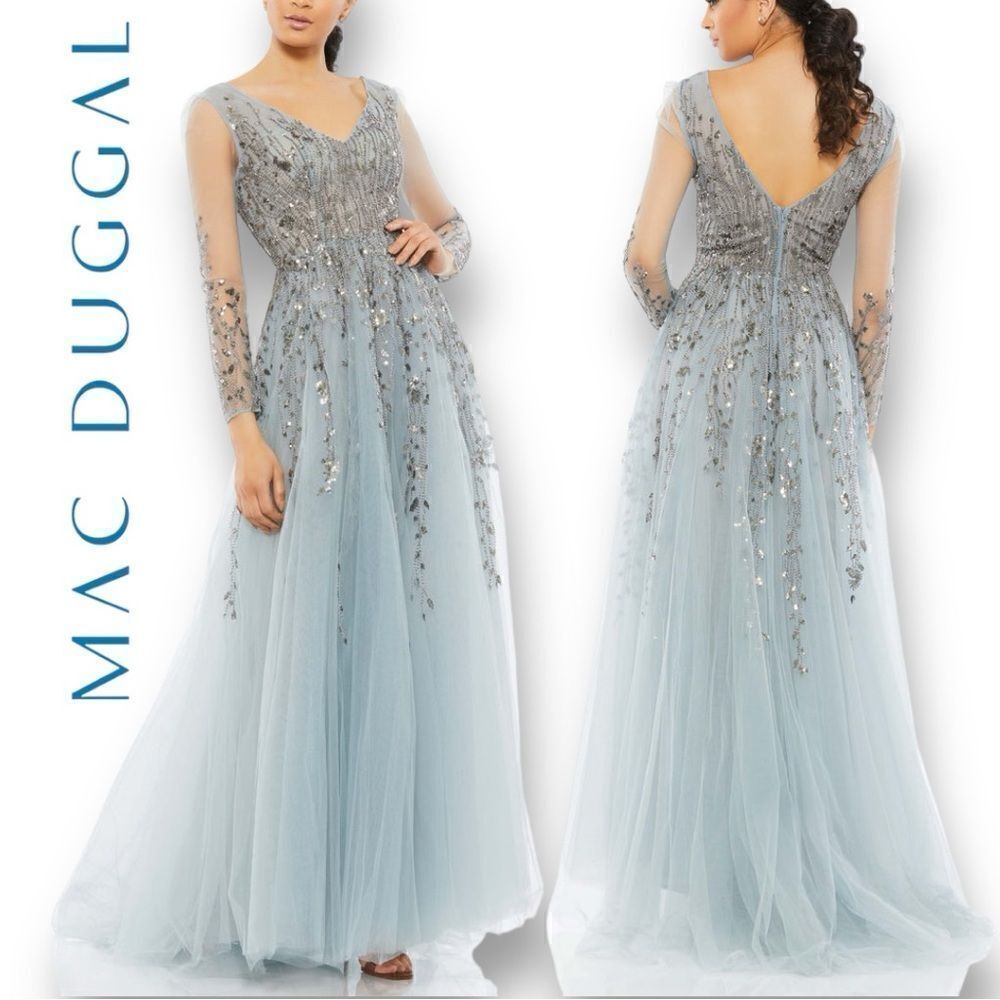 Mac Duggal Womenâs Embellished V-Neck Long Sleeve A-Line Gown In The Size 6